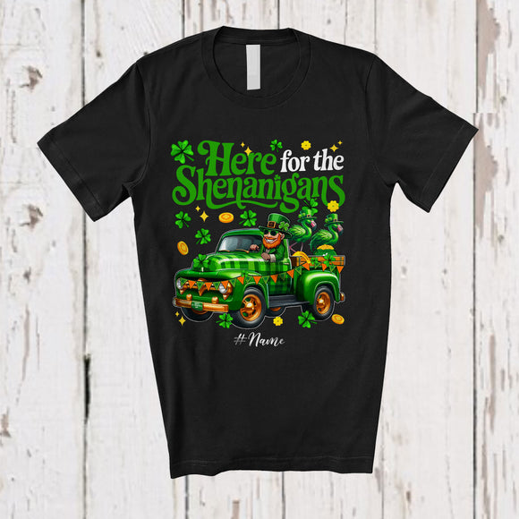 MacnyStore - Personalized Here For Shenanigans; Lovely St. Patrick's Day Custom Name Flamingo On Plaid Truck T-Shirt