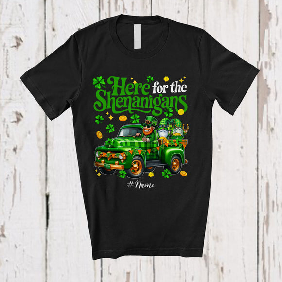 MacnyStore - Personalized Here For Shenanigans; Lovely St. Patrick's Day Custom Name Gnome On Plaid Truck T-Shirt