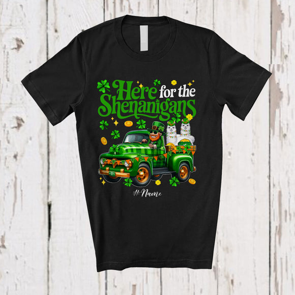 MacnyStore - Personalized Here For Shenanigans; Lovely St. Patrick's Day Custom Name Llama On Plaid Truck T-Shirt