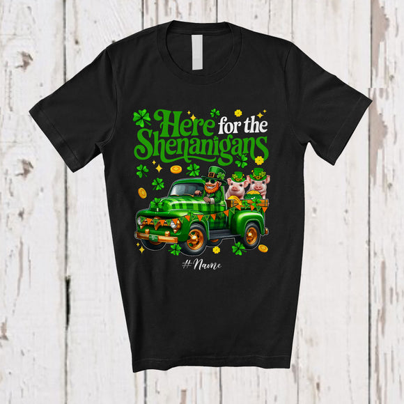 MacnyStore - Personalized Here For Shenanigans; Lovely St. Patrick's Day Custom Name Pig On Plaid Truck T-Shirt