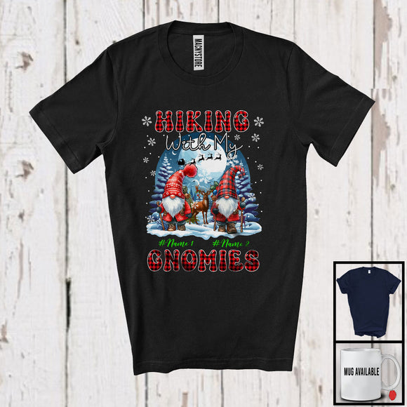 MacnyStore - Personalized Hiking With My Gnomies; Lovely Christmas Plaid Custom Name Couple Gnomes T-Shirt