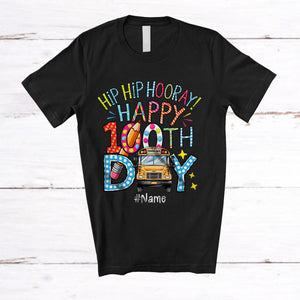 MacnyStore - Personalized Hip Hip Hooray Happy 100th Day; Lovely Custom Name School Bus Driver; Teacher T-Shirt