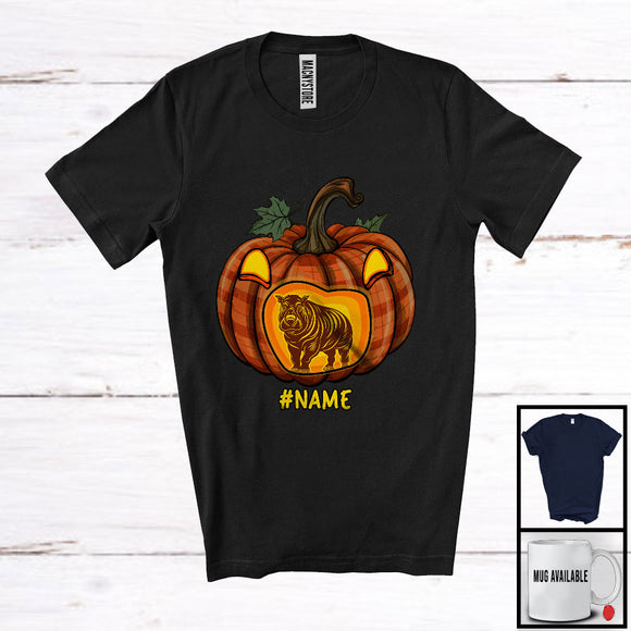 MacnyStore - Personalized Hippo In Plaid Pumpkin; Humorous Halloween Cosplay Will Animal; Custom Name T-Shirt