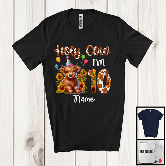 MacnyStore - Personalized Holy Cow I'm 10; Adorable 10th Birthday Highland Cow; Custom Name Sunflowers T-Shirt