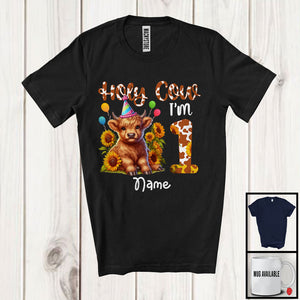 MacnyStore - Personalized Holy Cow I'm 1; Adorable 1st Birthday Highland Cow; Custom Name Sunflowers T-Shirt