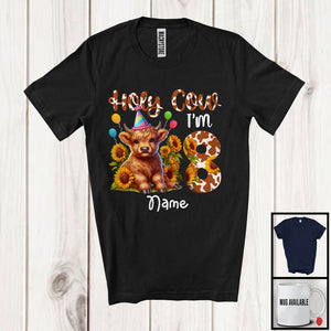 MacnyStore - Personalized Holy Cow I'm 8; Adorable 8th Birthday Highland Cow; Custom Name Sunflowers T-Shirt