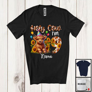 MacnyStore - Personalized Holy Cow I'm 9; Adorable 9th Birthday Highland Cow; Custom Name Sunflowers T-Shirt