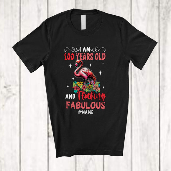 MacnyStore - Personalized I Am 100 Years Old And Flocking Fabulous; Happy 100th Birthday Custom Name Flamingo T-Shirt