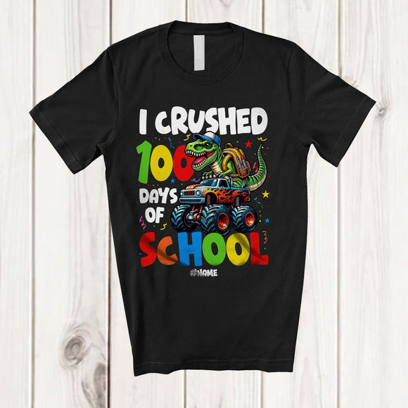 MacnyStore - Personalized I Crushed 100 Days of School; Joyful T-Rex On Monster Truck; Custom Name Boy Students T-Shirt