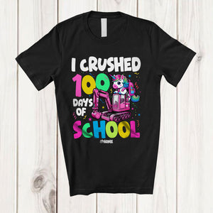 MacnyStore - Personalized I Crushed 100 Days of School; Joyful Unicorn On Excavator; Custom Name Girl Students T-Shirt