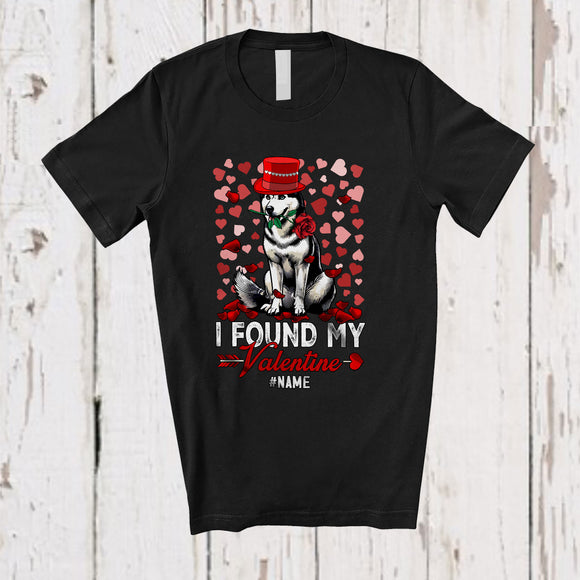 MacnyStore - Personalized I Found My Valentine; Lovely Husky Holding Rose Hearts; Custom Name Couple T-Shirt