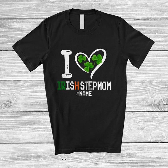 MacnyStore - Personalized I Heart Irish Stepmom; Lovely St. Patrick's Day Shamrocks; Custom Name Family T-Shirt