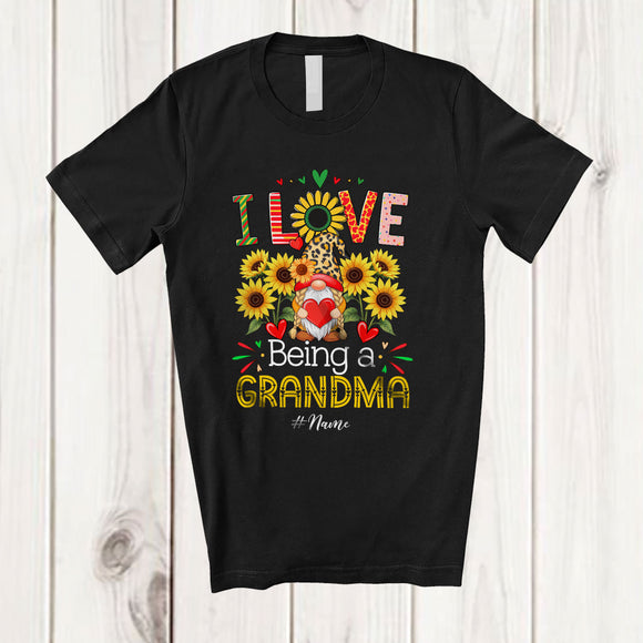 MacnyStore - Personalized I Love Being A Grandma; Lovely Mother's Day Custom Name Family Gnome; Sunflower T-Shirt