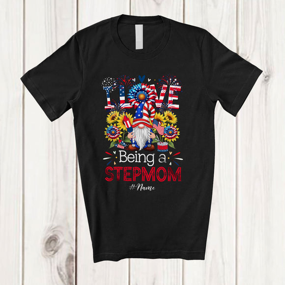 MacnyStore - Personalized I Love Being A Stepmom; Lovely 4th of July Custom Name Family Gnome; Sunflower T-Shirt