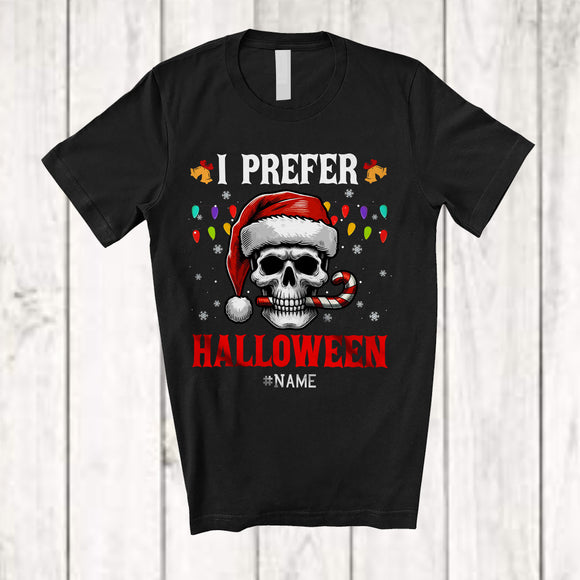 MacnyStore - Personalized I Prefer Halloween; Amusing Christmas Santa Skull; Snowing Custom Name Family T-Shirt