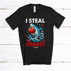 MacnyStore - Personalized I Steal Hearts; Adorable Valentine Shark With Hearts; Custom Name Men Single T-Shirt