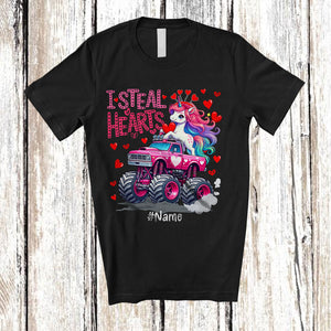 MacnyStore - Personalized I Steal Hearts; Joyful Valentine Unicorn On Monster Truck; Custom Name Girls Couple T-Shirt