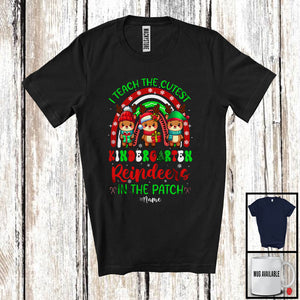 MacnyStore - Personalized I Teach The Cutest Kindergarten Reindeers; Joyful Christmas Rainbow; Custom Name Teacher T-Shirt