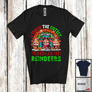 MacnyStore - Personalized I Teach The Cutest Kindergarten Reindeers; Merry Christmas Custom Name Teacher; Rainbow T-Shirt