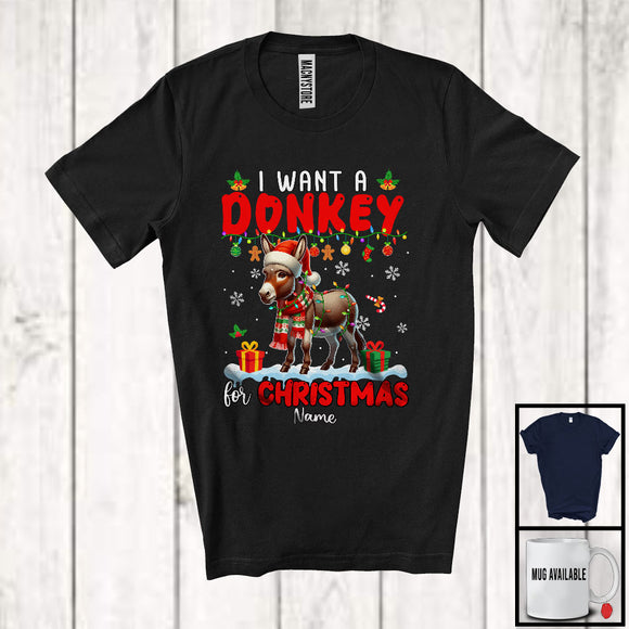 MacnyStore - Personalized I Want A Donkey For Christmas; Lovely Santa Donkey Custom Name Farmer; Family Group T-Shirt