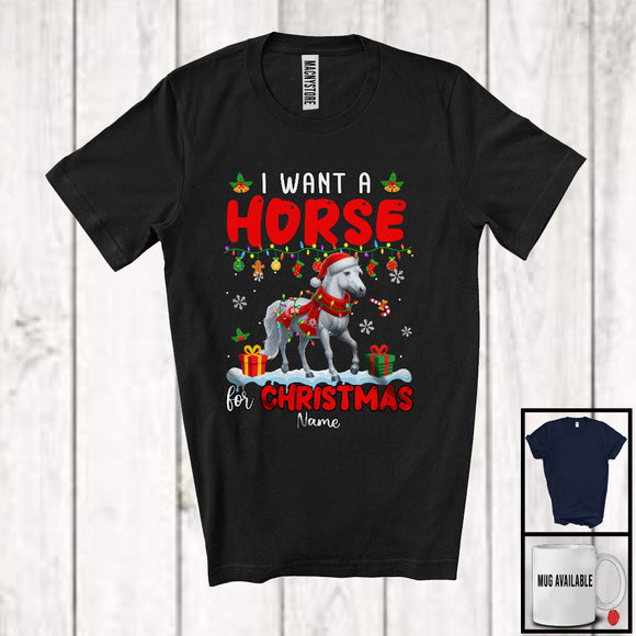 MacnyStore - Personalized I Want A Horse For Christmas; Lovely Santa Horse Custom Name Farmer; Family Group T-Shirt