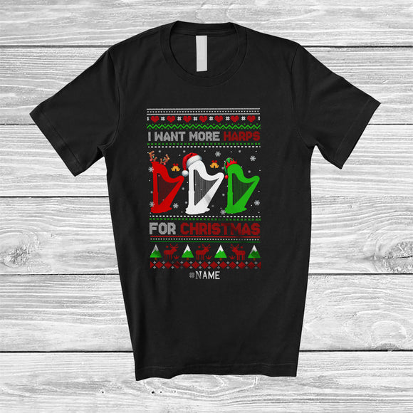 MacnyStore - Personalized I Want More Harps For Christmas; Amusing Sweater Custom Name Musical Instrument T-Shirt