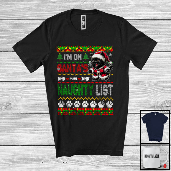 MacnyStore - Personalized I'm On Santa's Naughty List, Lovely Christmas Sweater, Custom Name Santa Black Cat T-Shirt