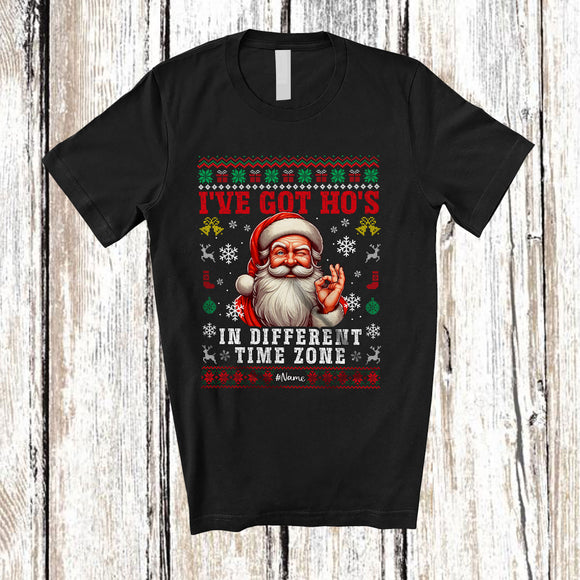 MacnyStore - Personalized I've Got Ho's In Different Time Zone; Lovely Christmas Sweater Custom Name Santa Face T-Shirt