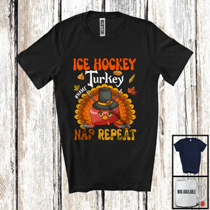 MacnyStore - Personalized Ice Hockey Turkey Nap Repeat, Joyful Thanksgiving Fall Leaves, Custom Name Sport Player T-Shirt