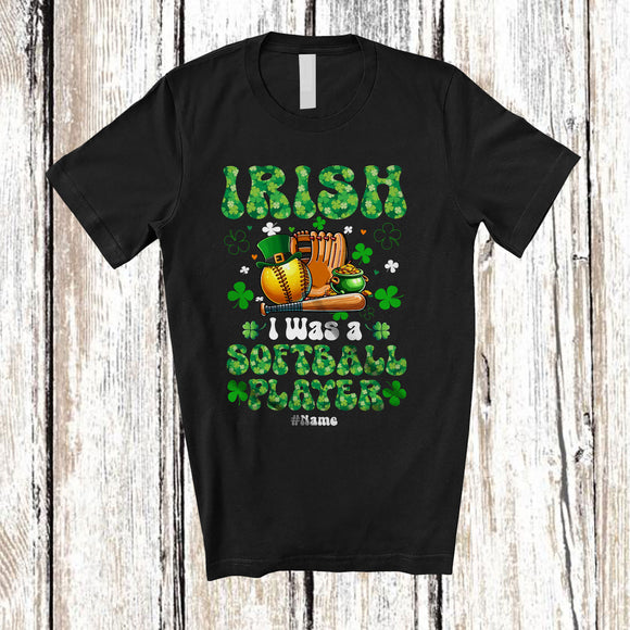 MacnyStore - Personalized Irish I Was A Softball Player; Joyful St. Patrick's Day Shamrocks; Custom Name Job T-Shirt