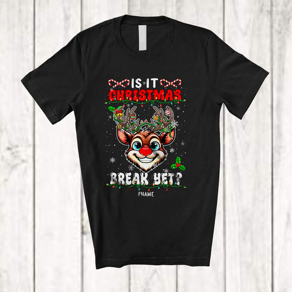 MacnyStore - Personalized Is It Christmas Break Yet; Joyful X-mas Lights Reindeer; Vacation Custom Name Teacher T-Shirt