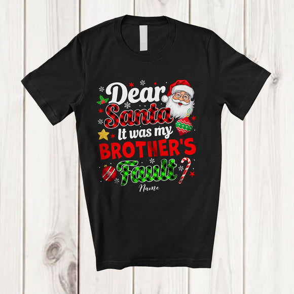 MacnyStore - Personalized It Was My Brother's Fault; Joyful Christmas Santa Face Plaid; Custom Name Family T-Shirt