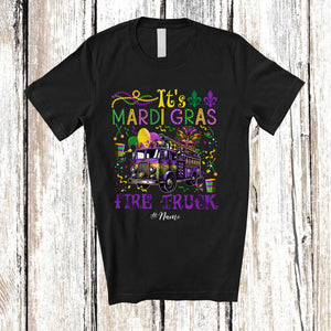 MacnyStore - Personalized It's Mardi Gras Fire Truck; Lovely Beads Custom Name Fire Truck Driver; Family T-Shirt