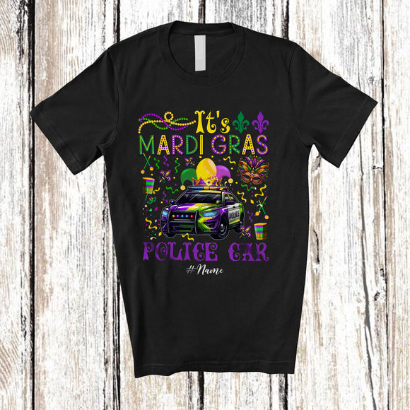 MacnyStore - Personalized It's Mardi Gras Police Car; Lovely Beads Custom Name Police Car Driver; Family T-Shirt