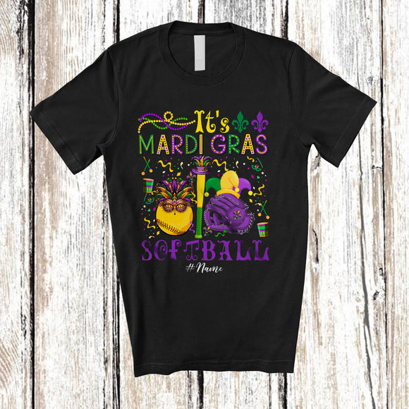 MacnyStore - Personalized It's Mardi Gras Softball; Lovely Beads Custom Name Softball Player; Family T-Shirt