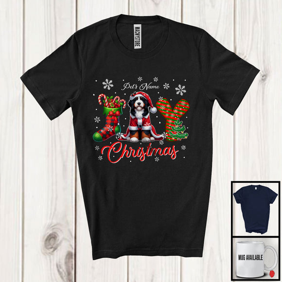 MacnyStore - Personalized Joy Christmas, Lovely Custom Name Santa Bernedoodle, X-mas Sock Snowing T-Shirt