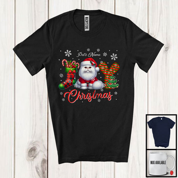 MacnyStore - Personalized Joy Christmas, Lovely Custom Name Santa Cat, X-mas Sock Tree Snowing T-Shirt