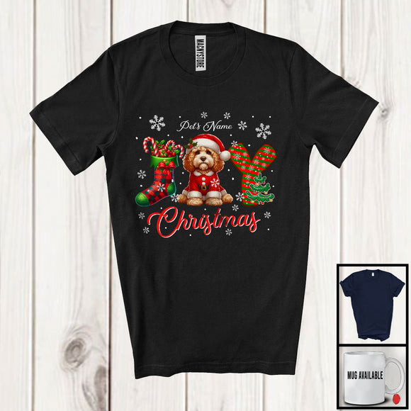 MacnyStore - Personalized Joy Christmas, Lovely Custom Name Santa Cockapoo, X-mas Sock Snowing T-Shirt