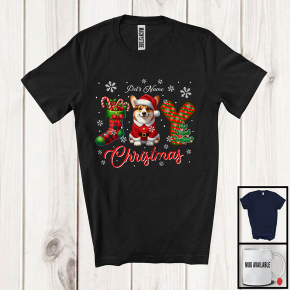 MacnyStore - Personalized Joy Christmas, Lovely Custom Name Santa Corgi, X-mas Sock Tree Snowing T-Shirt