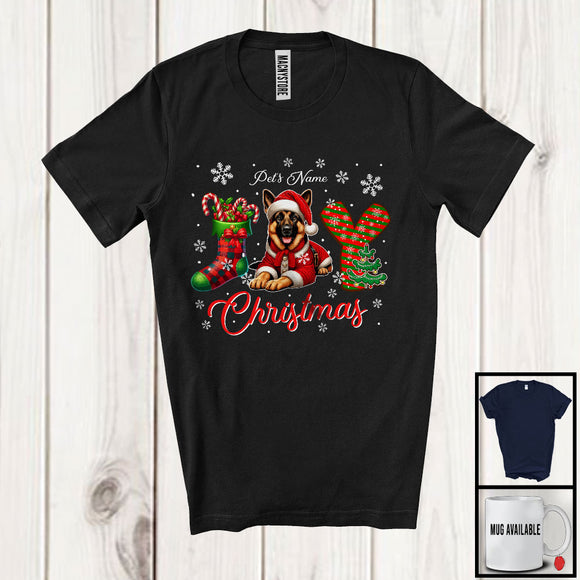 MacnyStore - Personalized Joy Christmas, Lovely Custom Name Santa German Shepherd, X-mas Sock Snowing T-Shirt