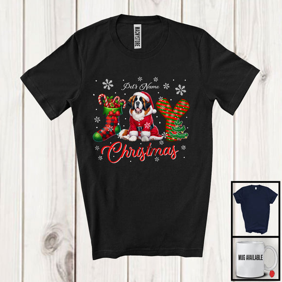 MacnyStore - Personalized Joy Christmas, Lovely Custom Name Santa St. Bernard, X-mas Sock Snowing T-Shirt