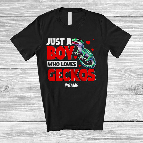 MacnyStore - Personalized Just A Boy Who Loves Geckos; Fantastic Valentine Hearts Custom Name Geckos Animal T-Shirt