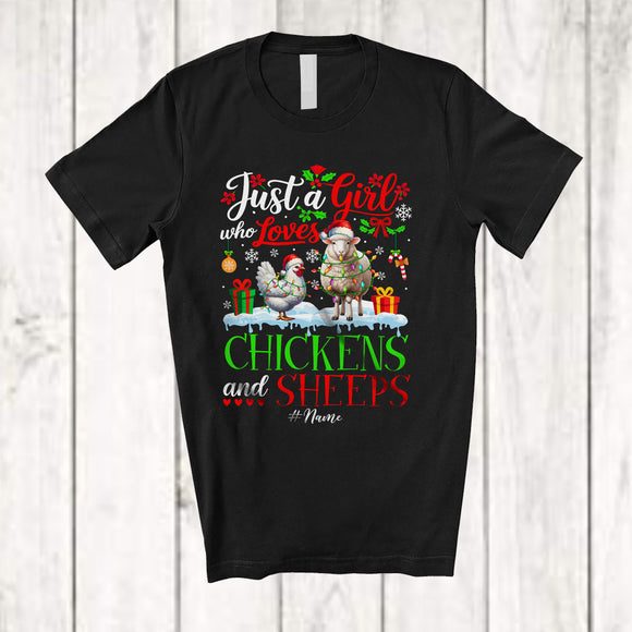 MacnyStore - Personalized Just A Girl Who Loves Chickens Sheeps; Cheerful Christmas Custom Name Farmer; Snow T-Shirt