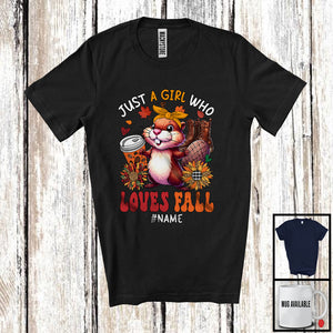 MacnyStore - Personalized Just A Girl Who Loves Fall; Adorable Custom Name Beaver; Fall Plaid Sunflowers T-Shirt