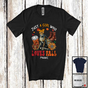 MacnyStore - Personalized Just A Girl Who Loves Fall; Adorable Custom Name Cheetah; Fall Plaid Sunflowers T-Shirt