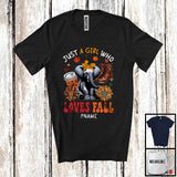 MacnyStore - Personalized Just A Girl Who Loves Fall; Adorable Custom Name Elephant; Fall Plaid Sunflowers T-Shirt