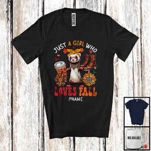 MacnyStore - Personalized Just A Girl Who Loves Fall; Adorable Custom Name Ferret; Fall Plaid Sunflowers T-Shirt