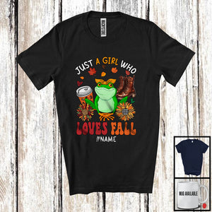 MacnyStore - Personalized Just A Girl Who Loves Fall; Adorable Custom Name Frog; Fall Plaid Sunflowers T-Shirt