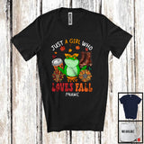 MacnyStore - Personalized Just A Girl Who Loves Fall; Adorable Custom Name Frog; Fall Plaid Sunflowers T-Shirt