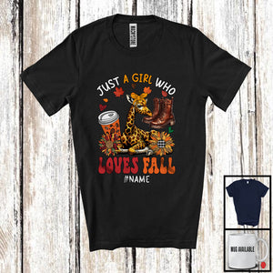 MacnyStore - Personalized Just A Girl Who Loves Fall; Adorable Custom Name Giraffe; Fall Plaid Sunflowers T-Shirt